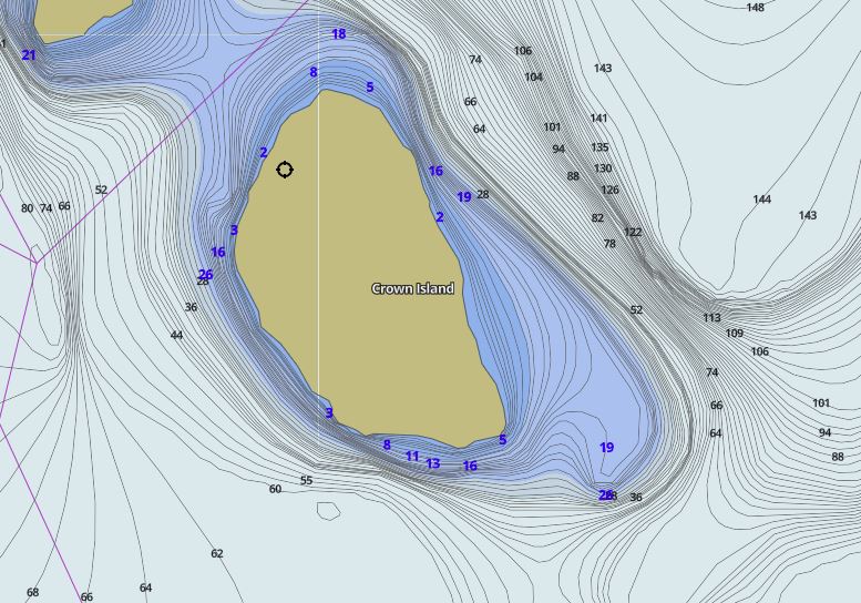 Contour Map of Mary Lake around Crown Island