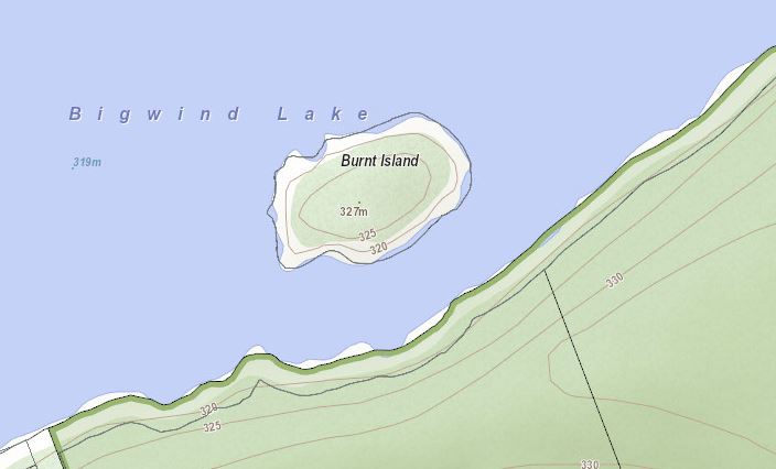 Topographical Map of Burnt Island Island on Bigwind Lake